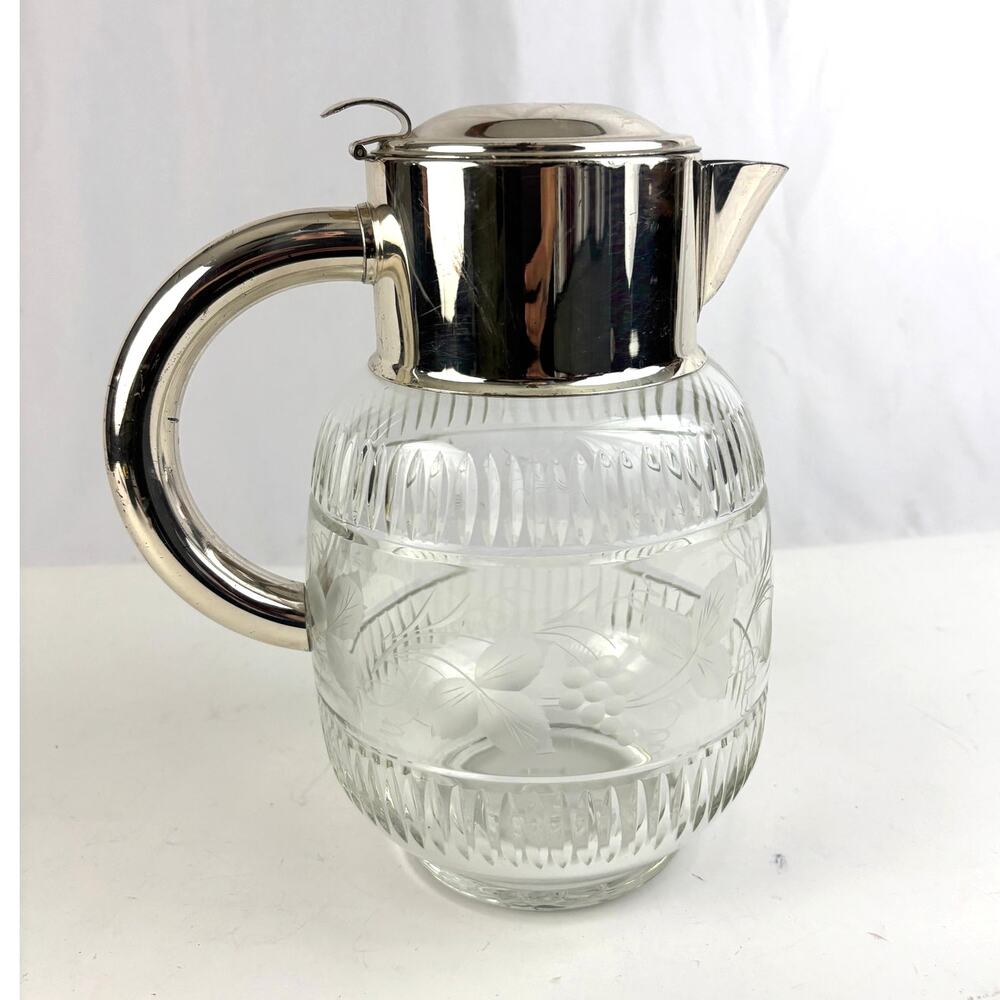 Vintage Cut Glass Water Pitcher Silverplate Lid Hinged Claret‎ Jug 10”